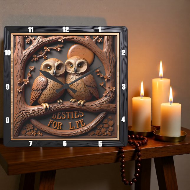 Engraved Owls Branch Round Frame Square Wall Clock (Creator Uploaded)