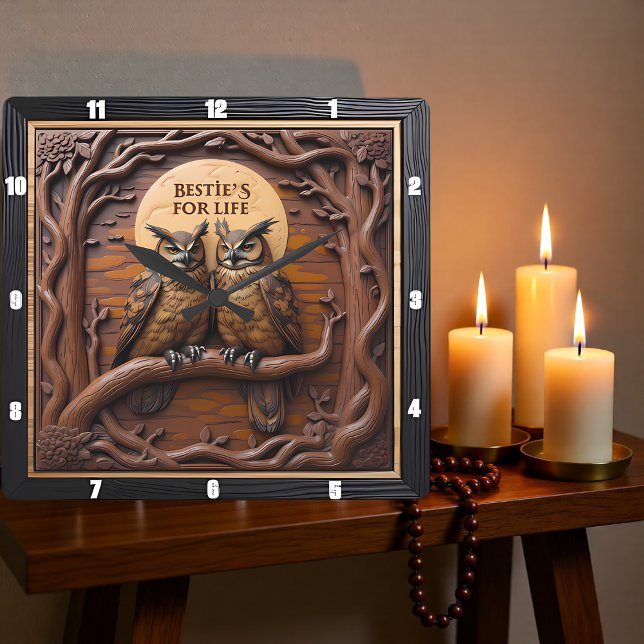 Engraved Owls Branch Rustic Brown Square Wall Clock (Creator Uploaded)