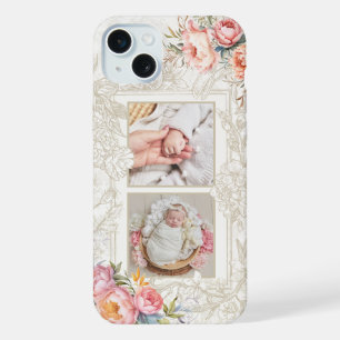 Engraved Pink Watercolor Girly Floral Two-Photo iPhone 15 Plus Case