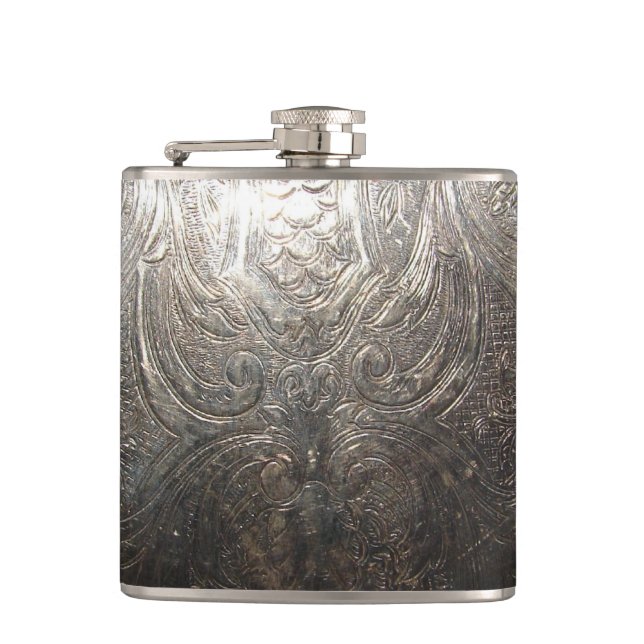Engraved Silver Pattern Hip Flask (Front)