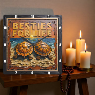 Engraved Turtle Pair Beach Sunset Square Wall Clock