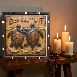 Engraved Turtle Pair Rough Water Square Wall Clock