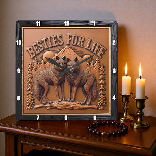 Engraved Wolf Pair Mountain Sunset Square Wall Clock