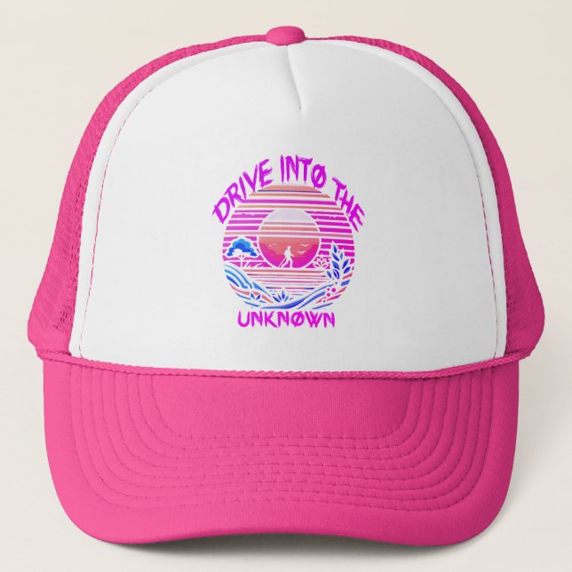 Enigmatic Journey: Retro Sunset Exploration Trucker Hat (Front)