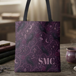 Enigmatic Plum Gothic Raven Monogram Tote Bag