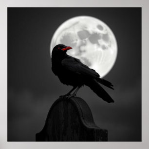 Enigmatic Raven & Full Moon – Mystical Charcoal Ar Poster