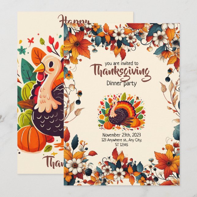 ENJOY A FEAST WITH SEASONAL FLOWERS AND TURKEY INVITATION (Front/Back)