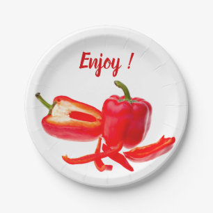 Enjoy fresh red bell pepper photo with text paper plate
