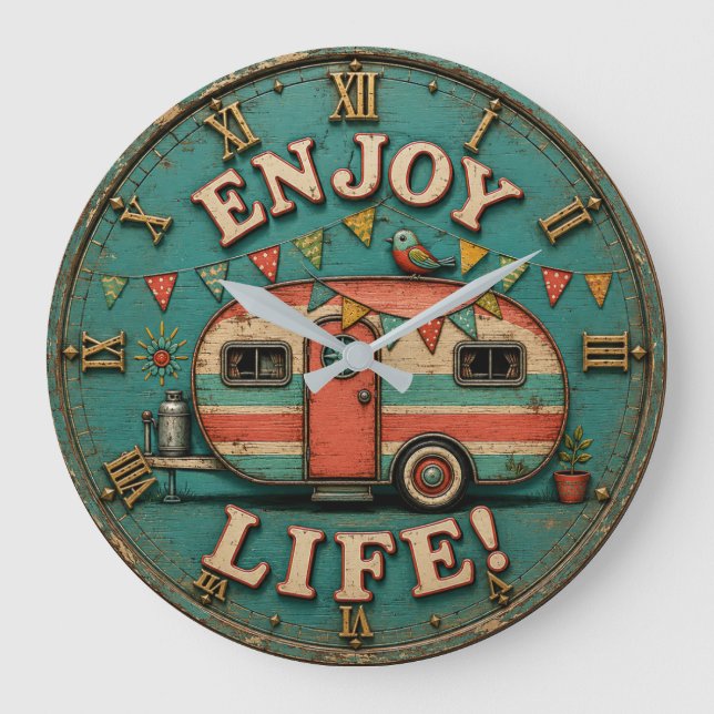Enjoy Life Camper Rustic Trailer Gift for Campers Large Clock (Front)