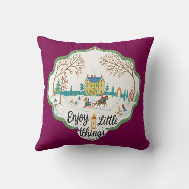 Enjoy Little Things Cozy Winter Scene Throw Pillow (Back)