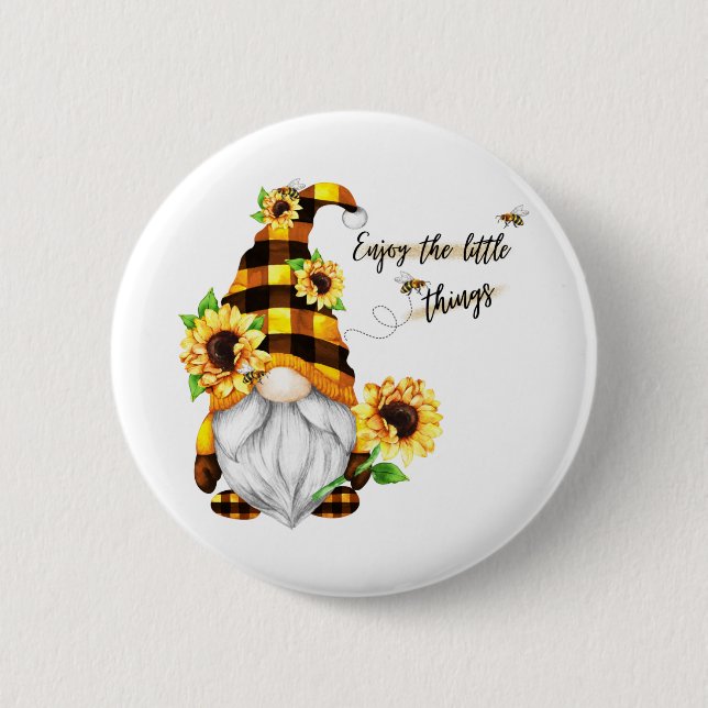 Enjoy the Little Things Sunflower Gnome 6 Cm Round Badge (Front)