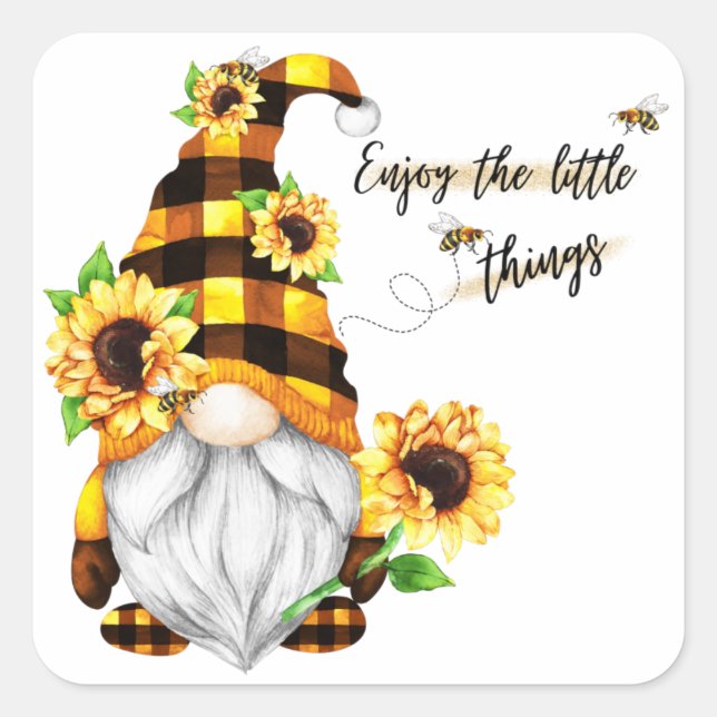 Enjoy the Little Things Sunflower Gnome Square Sticker (Front)
