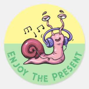 Enjoy The Present with a Snail Listening to Music  Classic Round Sticker