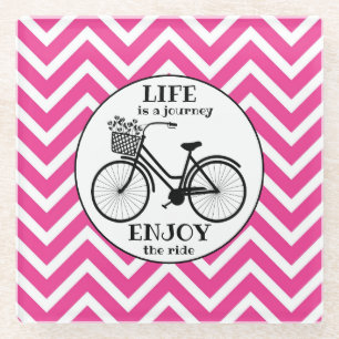 Enjoy The Ride   Bicycle With Flowers Motivational Glass Coaster
