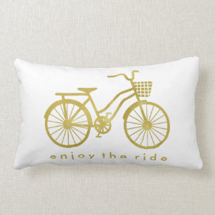 Enjoy the Ride Chic Gold Bicycle on White Lumbar Cushion