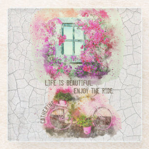 Enjoy The Ride Watercolor Bicycle With Flowers Glass Coaster