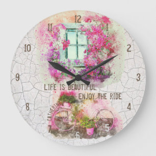 Enjoy The Ride Watercolor Bicycle With Flowers Large Clock