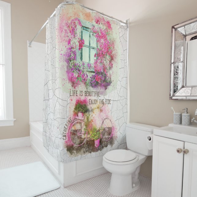 Enjoy The Ride | Watercolor Bicycle With Flowers Shower Curtain (In Situ)
