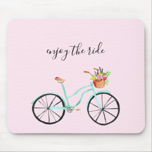 Enjoy the ride Watercolor Bike Flower Basket Cute Mouse Pad