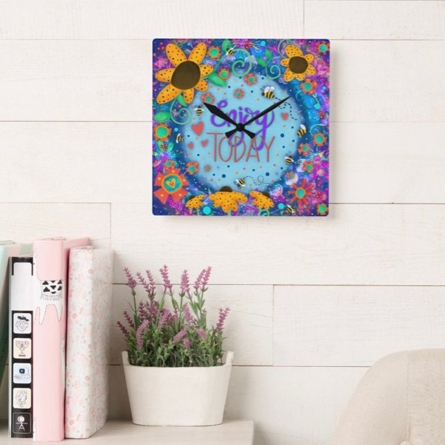 Enjoy Today Fun Cute Blue Whimsical Inspirivity Large Clock (Creator Uploaded)