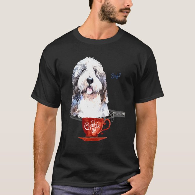 Enjoying Coffee With Bearded Collie T-Shirt (Front)