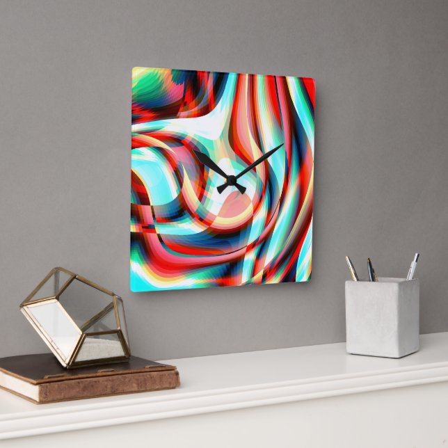 Enlarging curved red strokes, superimposed stripes square wall clock (Office)