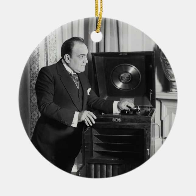 Enrico Caruso with a Victrola Brand Phonograph Ceramic Ornament (Front)