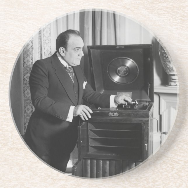 Enrico Caruso with a Victrola Brand Phonograph Coaster (Front)