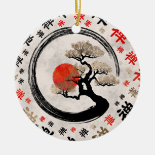 Enso Circle Bonsai Tree on Zen Symbol pattern Ceramic Ornament
