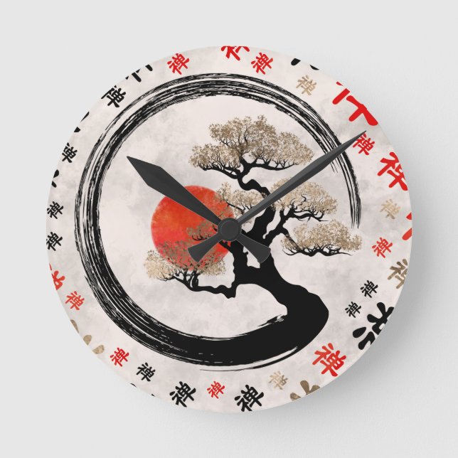 Enso Circle Bonsai Tree on Zen Symbol pattern Round Clock (Front)