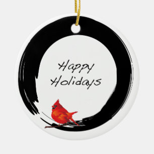 Enso Circle with Red Cardinal Ceramic Ornament