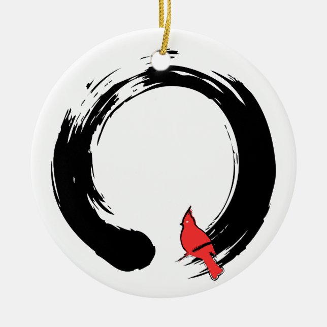 Enso Circle with Red Cardinal Ceramic Ornament (Front)