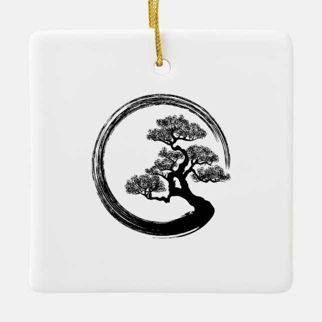 Enso Zen Circle and Bonsai Tree Ceramic Ornament (Front)