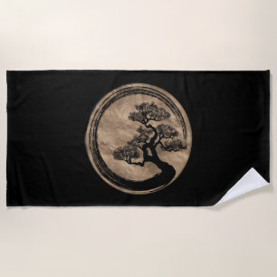 Enso Zen Circle and Bonsai Tree Gold Beach Towel