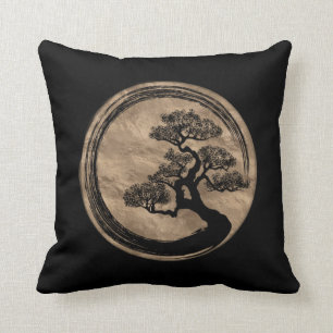 Enso Zen Circle and Bonsai Tree Gold Cushion