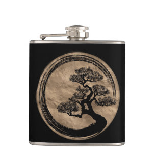 Enso Zen Circle and Bonsai Tree Gold Hip Flask