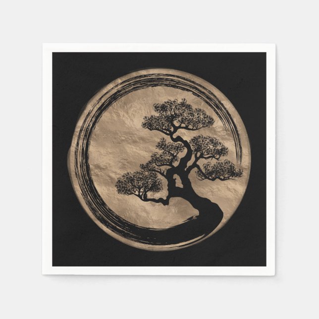Enso Zen Circle and Bonsai Tree Gold Napkin (Front)