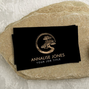 Enso Zen Circle and Bonsai Tree  gold on black Business Card