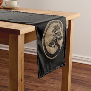 Enso Zen Circle and Bonsai Tree Gold Short Table Runner