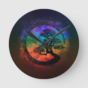 Enso Zen Circle and Bonsai Tree Nebula Round Clock