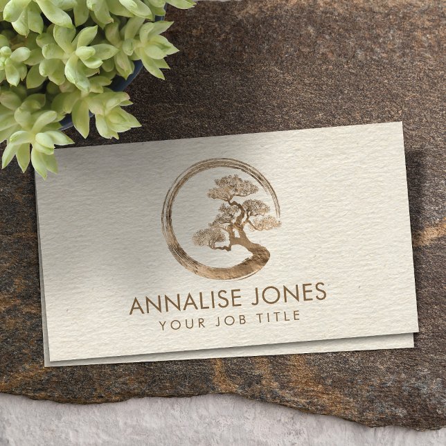 Enso Zen Circle and Bonsai Tree Pastel Gold Business Card (Creator Uploaded)