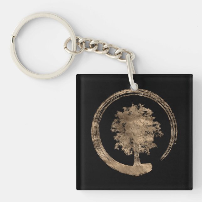 Enso Zen Circle and Tree - Gold on black Key Ring (Front)