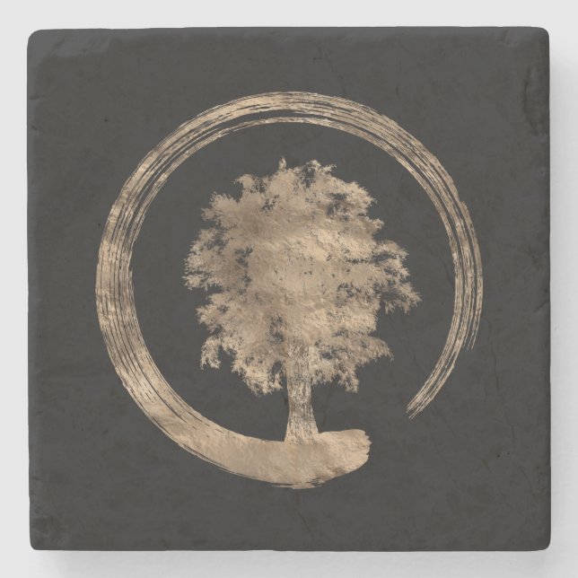 Enso Zen Circle and Tree - Gold on black Stone Coaster (Front)