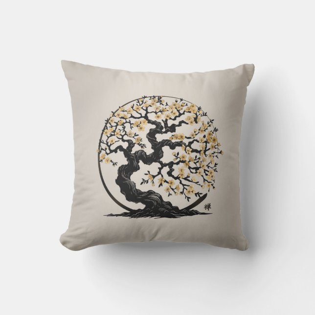 Enso Zen Circle Sakura tree Cushion (Front)