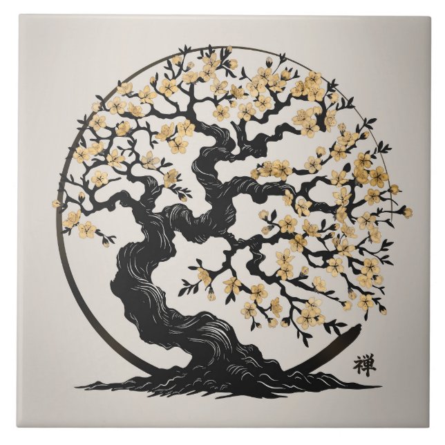 Enso Zen Circle Sakura tree - Golden Blossom Ceramic Tile (Front)