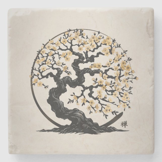 Enso Zen Circle Sakura tree Stone Coaster (Front)