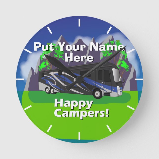 Entegra Aspire RV Blue Happy Camper Design Round Clock (Front)