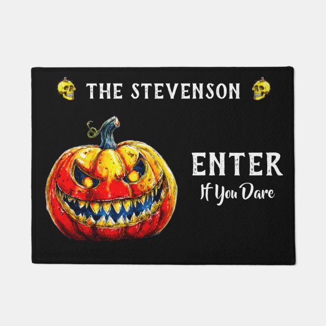 Enter if you dare Halloween Smiling Pumpkin Doormat (Front)