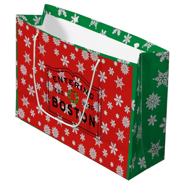 Entering Boston MA Christmas Wreath Large Gift Bag (Front Angled)