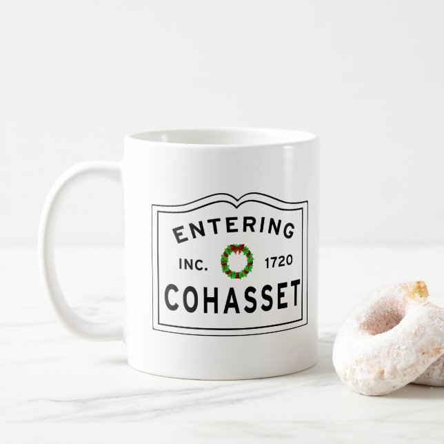 Entering COHASSET MASSACHUSETTS Christmas Wreath Coffee Mug (With Donut)